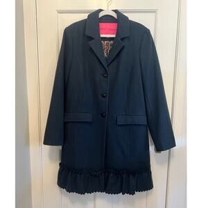Betsey Johnson Women 12 Wool Blend Coat Deep Teal Scallop Ruffle Hem Long Collar